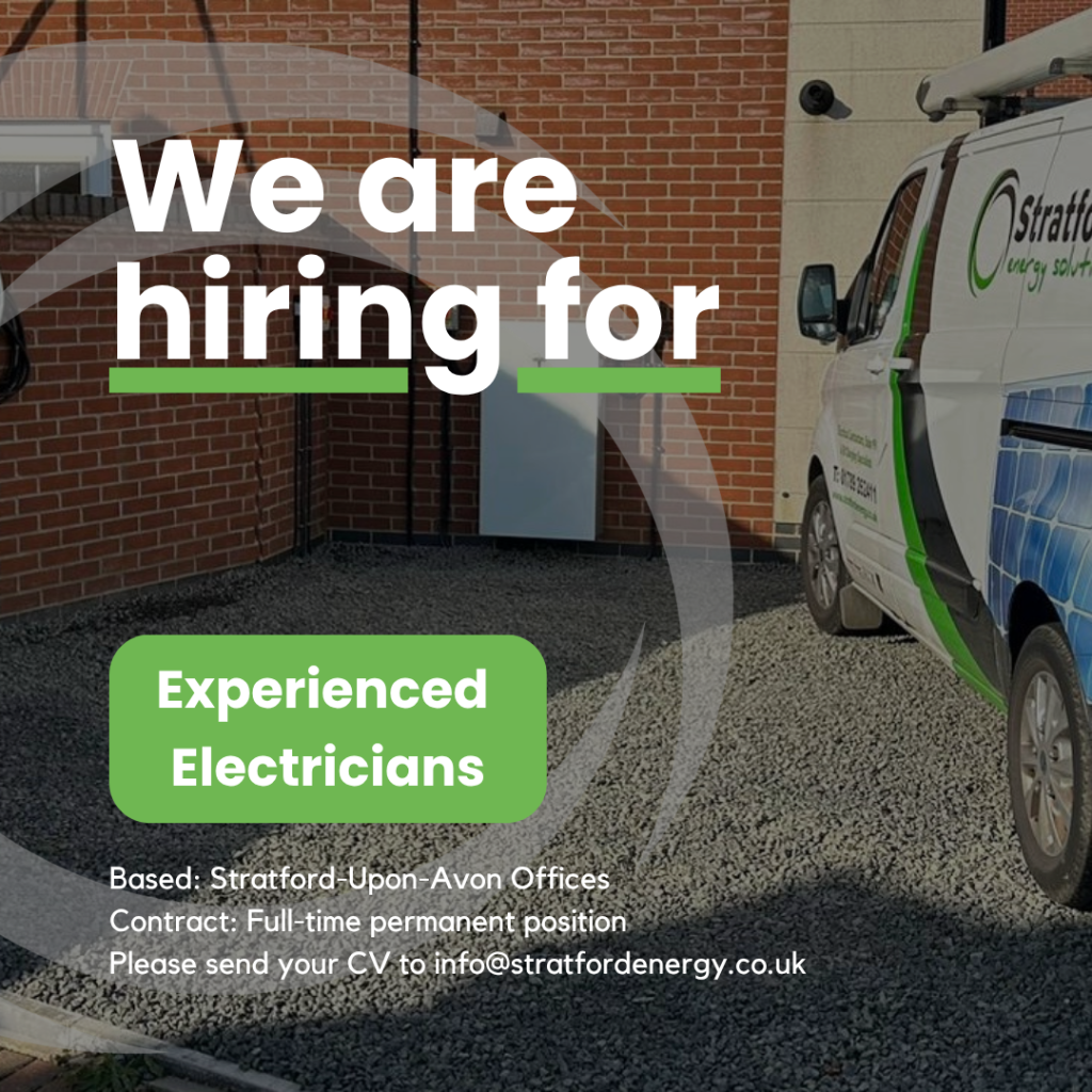 White van for Stratford Energy Solutions. Text says "We are hiring for Experienced Electricians" with contact info.