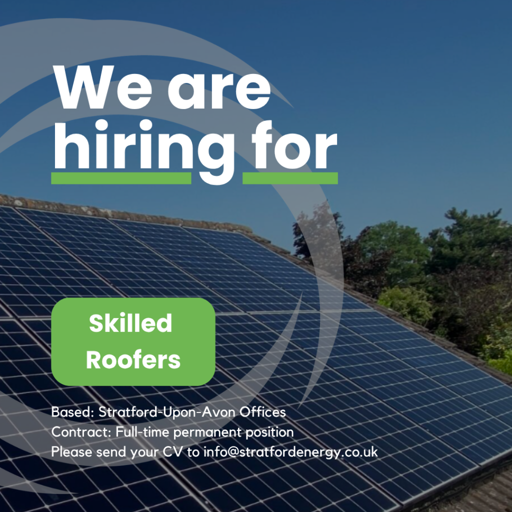 Solar panels on a rooftop under a blue sky. Text says 'We are hiring for Skilled Roofers' with contact info.