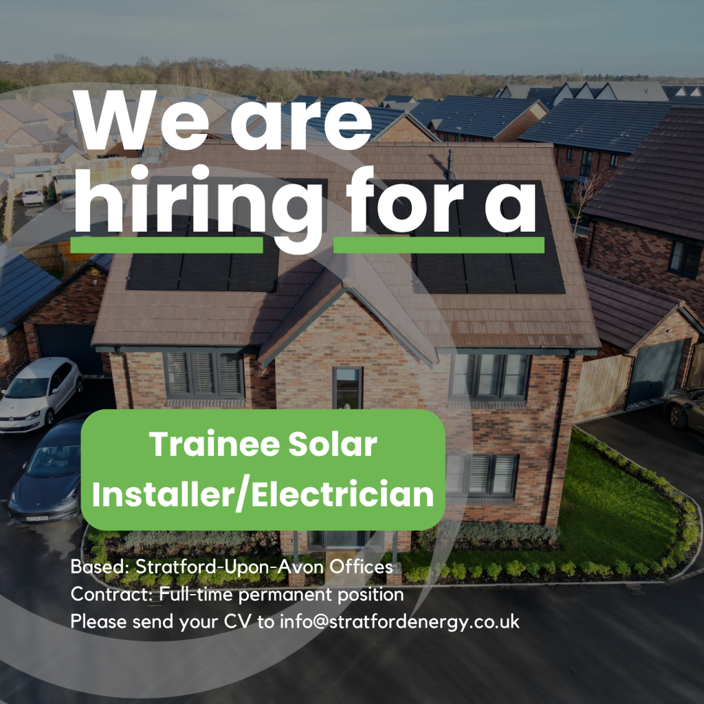 House with solar panels installed on the roof. Text reads 'We are hiring for a trainee solar installer/electrician' with contact details.