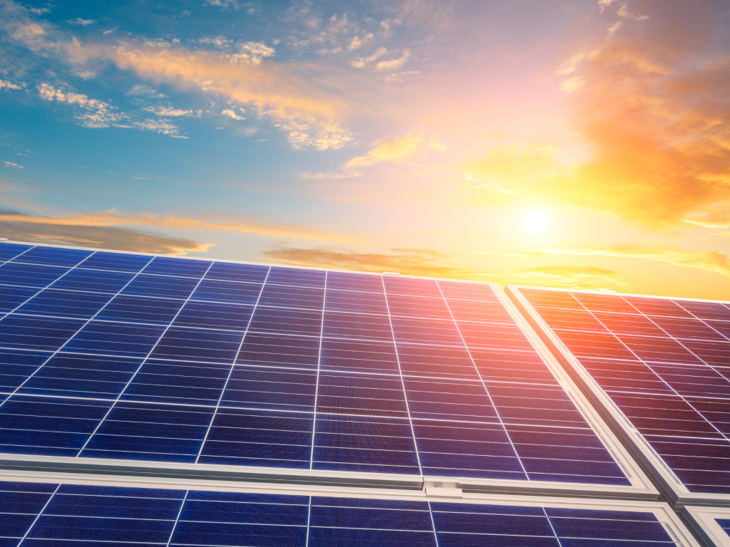 Solar panels with the sun shining down on them