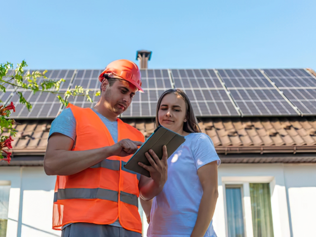 A man from a solar installation company is showing a woman customer something on an iPad. There are solar panels installed on the roof of the house in the background.